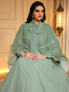 Elegant Women's Pleated Maxi Dress With Beaded Pearl Cape And Round Neck Long Sleeves Non-Stretch Fabric For Special Occasions - Mint Green - View 8
