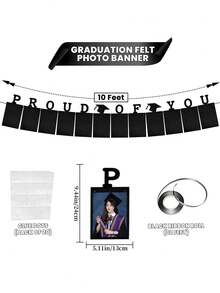 12 Pcs "So Proud Of You" Graduation Photo Banner, Congrats Grad Banner 2026, Black, Gold, 9.84ft/3m, Rectangular, Lighted, Wall Mount, Cardstock, Indoor, Graduation Occasion, Party Banner