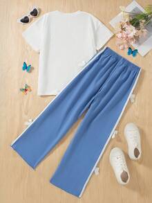 2pcs Girls Casual Outgoing Fashion Letter & Bow Print Drop Shoulder Short Sleeve Top And Solid Color Bow Decor Elastic Waist Pants Set, Spring/Summer - Blue - View 3