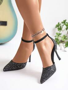 1 Pasang Sepatu Hak Tinggi Wanita Modis dengan Hiasan Payet dan Desain Berongga, Cocok untuk Aktivitas Luar Ruangan Sepanjang Musim - Hitam - View 4