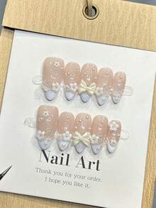 10 unhas postiças artesanais em formato amêndoa, acrílicas, tamanho médio, rosa suave, com francesinha branca, com pingentes de pérolas pequenas, laço de flor simples em 3D, estilo outonal elegante e moderno, perfeitas para o Dia dos Namorados, festas, encontros, praia e viagens tropicais. Ideais para criar unhas postiças DIY, perfeitas para mulheres e meninas como presente. - Rosa - Ver 3