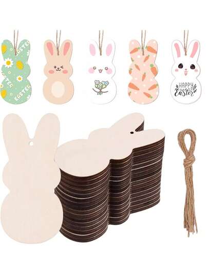 10/20/30pcs Unfinished Wooden Easter Bunny Decorations, Hollow Wooden Rabbit Shapes, Blank Wood Pieces With Jute Ropes, Suitable For DIY Crafts, Gift Tags, Easter Spring Hanging Decor, Size: 3.94x1.97 Inches