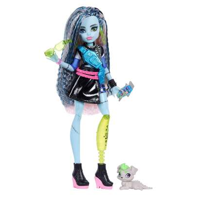 Mattel Muñeca , Frankie Stein con un suéter corto y una minifalda de piel sintética negra, incluye la mascota perro Watzit y 7 accesorios como auriculares, riñonera y snacks