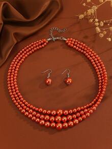 夸张多层手工串珠仿珍珠波西米亚风中东西部牛仔复古派对休闲项链耳环 - 橘色 - 查看 11