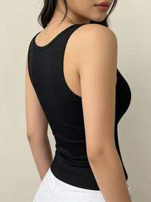 1 pieza Camiseta de tirantes con cuello cuadrado y acolchado para mujer - unicolor ajustado casual básico, cómodo y suave, esencial para primavera/verano - Negro - Ver 5