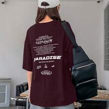 Women's Oversized Printed T-Shirt - Cheerful Paradise Phrase - Loose, Casual, Stylish, Modern, And Cool Blouse - 酒紅色 - 查看 12