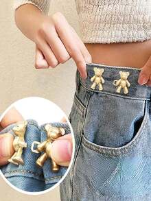2pcs Gold Cartoon Bear Pants Buttons, Detachable Metal Waist Buttons Without Sewing