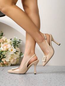 Women's New High Heel Shoes With Pearl Square Buckle, Pointed Toe, Elegant Stiletto Heel, Sexy Open Back, Fashion French Style Pumps - Apricot - View 4