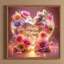 1件温馨母亲节心形玫瑰钻石画大熊花卉装饰，手工DIY创意礼物，送给妈妈和家人 - 彩色 - 查看 3