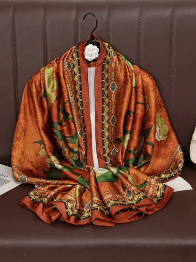 1pc Women's Floral Print Faux Silk Scarf, Fashion Versatile Shawl For Spring/Autumn, Travel & Daily Decor