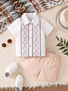 Ensemble chemise garçon bébé d'été à imprimé géométrique et diamant - Cardigan à col court + Short taille élastique couleur unie, 2 pièces tenue décontractée, porter quotidien stylé - Nude - Voir 2