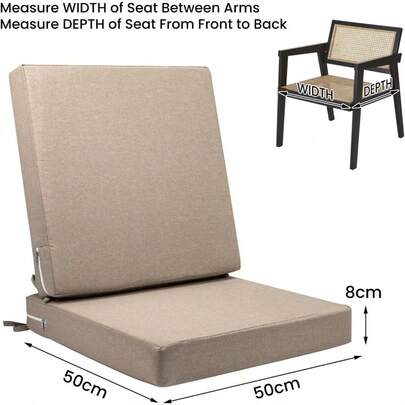 2 Chair Seat Cushions Set, 50x50x8cm Rattan Garden Waterproof Cushions For Indoor Outdoor Furniture With Ties, Patio Dining Chair Pads With Removable Cover, Memory Foam Grey Beige Chair Cushion