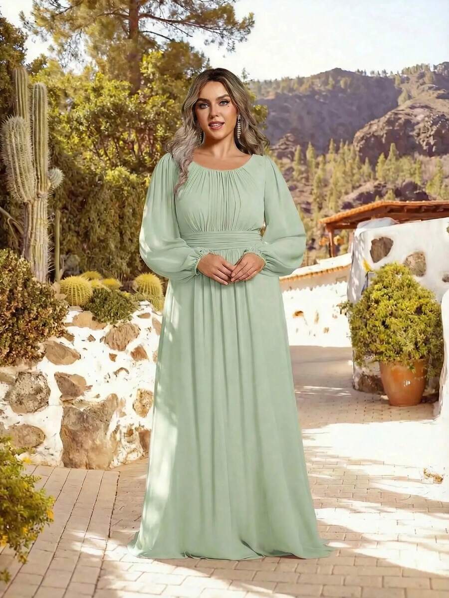 EVERPRETTY Plus Size Women Elegant Romantic A-Line Bridesmaid Dress, Sage Green Formal Gown, Special Occasion, Autumn Wedding Guest Dress