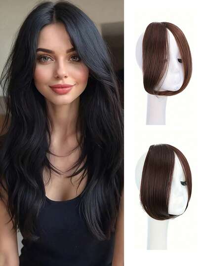 Elegant Clip-On Bangs Hairpiece With Fringe - Women's Center Part And Side Extensions, High-Temperature Fiber, Straight Hair, Suitable For All Hairstyles