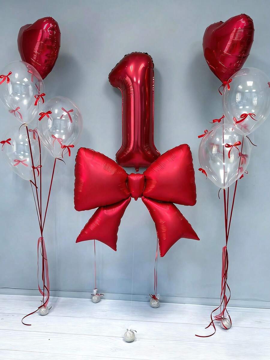 12pcs Birthday Decoration Set, Large Red Bow Foil Balloons, 40-Inch Red 0-9 Birthday Number Balloons, 18-Inch Red Heart Balloons, Clear Latex Balloons (With Balloon Ribbons), Suitable For Birthday Party, Anniversary Decoration - Multicolor - View 1