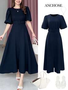 ANCHOSE Women's Elegant Cinched Waist Puff Sleeve Black Casual Dress, Versatile For Daily Wear, Spring/Summer - Navy Blue - View 4