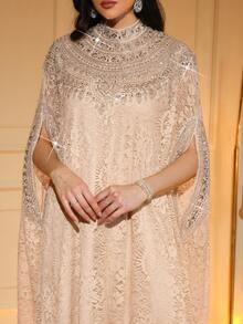 Elegant Long Lace Robe, Stand Collar Design, Decorated With Delicate Applique, Batwing Half Sleeve Spring - Apricot - View 8