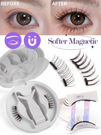 MAGEFY [Magnetic Adsorption] 1 Pair Half-Eye Magnetic False Eyelashes Set, No Glue Or Remover Needed, Includes Reusable Eyelash Applicator, Perfectly Fits Eye Contour, Suitable For Monolids, Natural Manga-Style Eyelash Curler, Natural Lash Mixed Design, 3D Fluffy False Eyelash Strips, Create Charming Lifted Eye Makeup, Suitable For Daily Wear, Work, Study, Travel, Party, An Ideal Gift For Women, Elongates Eye Corners, Enlarges Eyes