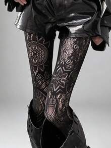 1pc Spring/Summer Japanese Dark Lace Hollow Totem Gothic Punk Subculture Boots Design Tights, Retro Y2K Fashionable Design Tights, Lolita Leggings/Cos Mature Lady Sexy Fishnet Stockings/Unique Minimalist Sexy