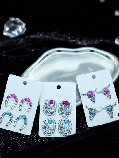 2 pares de pendientes vintage de estilo occidental con turquesa y multicolor para mujeres