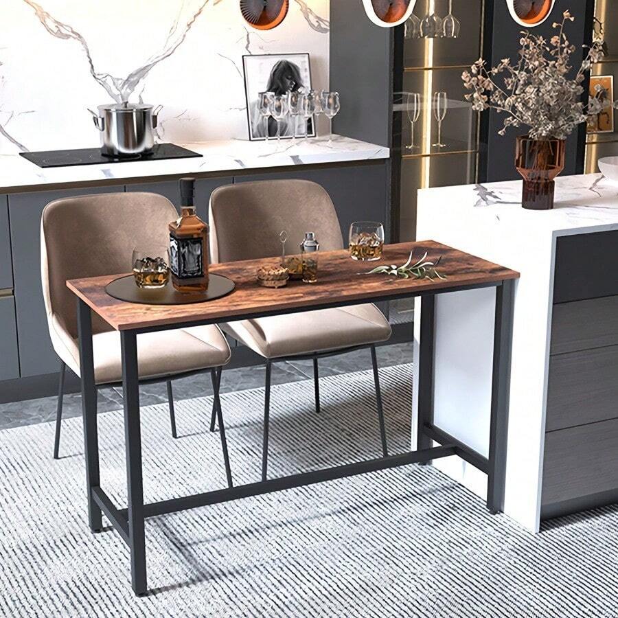 [100cm High]Rustic Brown Industrial Style Bar Table | Steel Frame Construction | Anti-Slip Leg Pads | Multi-Function Breakfast Bar/Kitchen Table - Rustic Brown - View 1