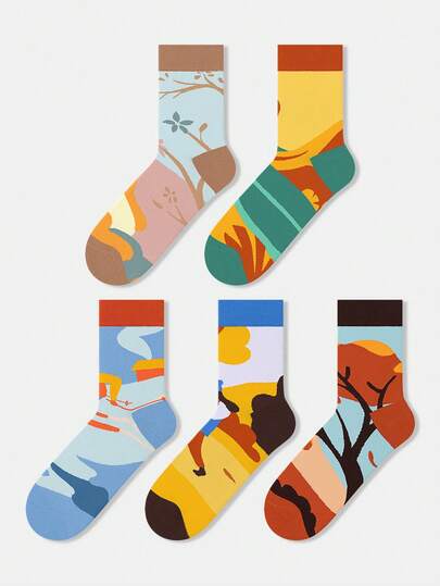 1/5双装男女通用自然植物花卉树叶房屋人物油画图案艺术设计精梳棉中筒袜，适合旅行、居家、办公、节日送礼