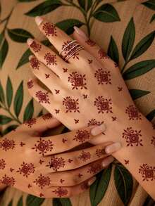 2 Sheets Full Hand Flower Design Brown Red Maroon Sexy Foot Finger Hand Tattoo Stickers Women Flower Henna Tattoo Stickers Flower Waterproof Stickers Brown Tattoo Stickers Women Body Art Stickers Wedding Party Brown Red Tattoo Stickers - Red - View 4