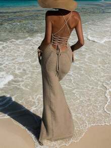 女士夏季波西米亚风镂空性感薄纱罩衫连衣裙，无袖V领钩针编织泳衣连衣裙，性感露背连衣裙，波西米亚风沙滩裙 - 卡其色 - 查看 4