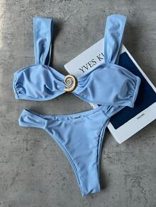 Bộ bikini nữ mùa hè kiểu vintage ngọt ngào màu trơn với dây đeo dày, thích hợp cho kỳ nghỉ, đi biển, hẹn hò, dự tiệc, thanh lịch và thời trang. - Màu xanh nhạt - Xem 4