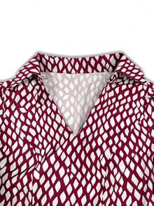 (No Belt Included) Elegant Vintage Floral Print Waist Cinched Shirt Dress, French Style Long Skirt Design, Suitable For Work, Dating, Commuting - Burgundy - View 4