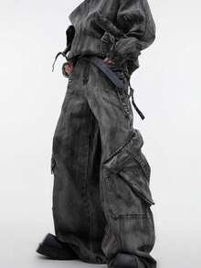 Conjunto de mezclilla para hombre chaqueta con cremallera y pantalones cargo de estilo retro vintage con bolsillos grandes efecto desgastado  urbana casual - Pantalones gris oscuro - Ver 1