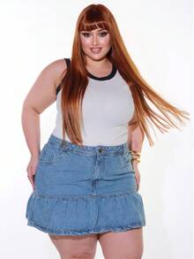 SAIA JEANS PLUS SIZE COM BABADO MODA FEMININA LANCAMENTO   Jeans    Zíper  Bolso    Diário    VERAO - Lavagem Média - Visão 3