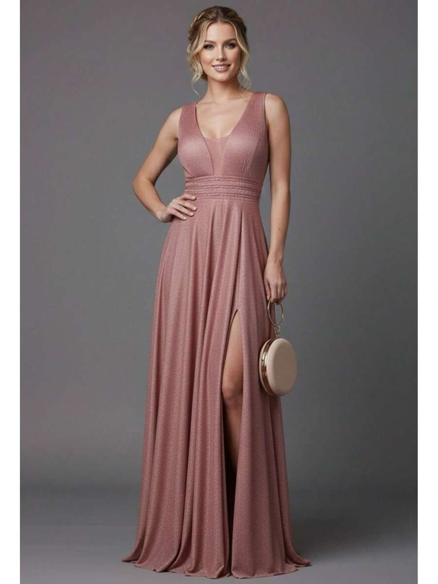 Bridesmaid Dress For Graduation Parties, Braided Bust, NLD With Luxurious Glitter, Sleeveless, Olive, Marsala, Serenity Blue, Pink, Lilac. - 玫瑰金色 - 查看 1