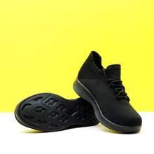 女士纯白色针织套脚运动鞋，休闲轻便透气舞蹈鞋 - 黑色 - 查看 7