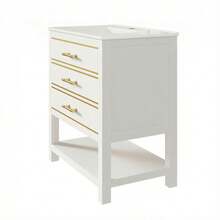 White Vanity Unit With Ceramic Basin – Freestanding Bathroom Unit With 2 Drawers And An Open Compartment, High-Quality Lacquered MDF Panel, Gold Handles, Without Tap Or Drain