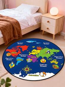 1块世界地图动物圆形地毯，以清晰的各大洲和海洋标记为底色，搭配从非洲长颈鹿到南极企鹅等栩栩如生的动物图案，带您踏上一段奇妙的环球之旅。采用柔软亲肤的材质，脚感舒适，经久耐用，易于清洁。适用于装饰客厅、卧室、书房等空间。