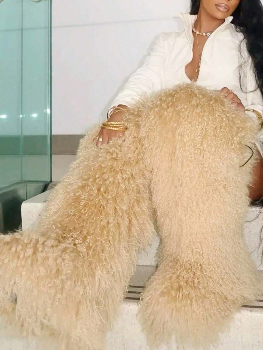 Women's Winter Knee High Boots Pull-On Faux Fur Round Toe Strap Boots For Women Comfy Plush Warm Outdoor Indoor Flat Shoes Punk Party Dressy Furry Fluffy Winter Autumn Fall Boots - 長款黃色1 - 查看 1