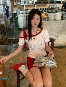 Sweet & Hot Girl Heart Print Asymmetric-Shoulder Short Sleeve T-Shirt, Tie-Up Design, Slim Fit, Summer - White - View 3