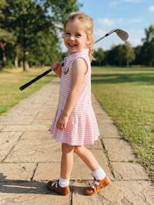 Girls A-Line Dress, Sleeveless Turn-Down Collar Striped Embroidery Tank Dress Summer Dress - Pink - View 6