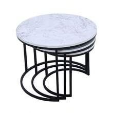 Modern Minimalist 3-Piece Nesting Side Table Set, Sofa Side Table, Living Room Center Coffee Table, Hotel Lobby Display Table, Reception Table, Multi-Purpose Storage Rack. White Marble-Patterned Wood Tabletop, Black Metal Frame, Can Be Stacked Or Placed Separately. - White Marbling - View 3