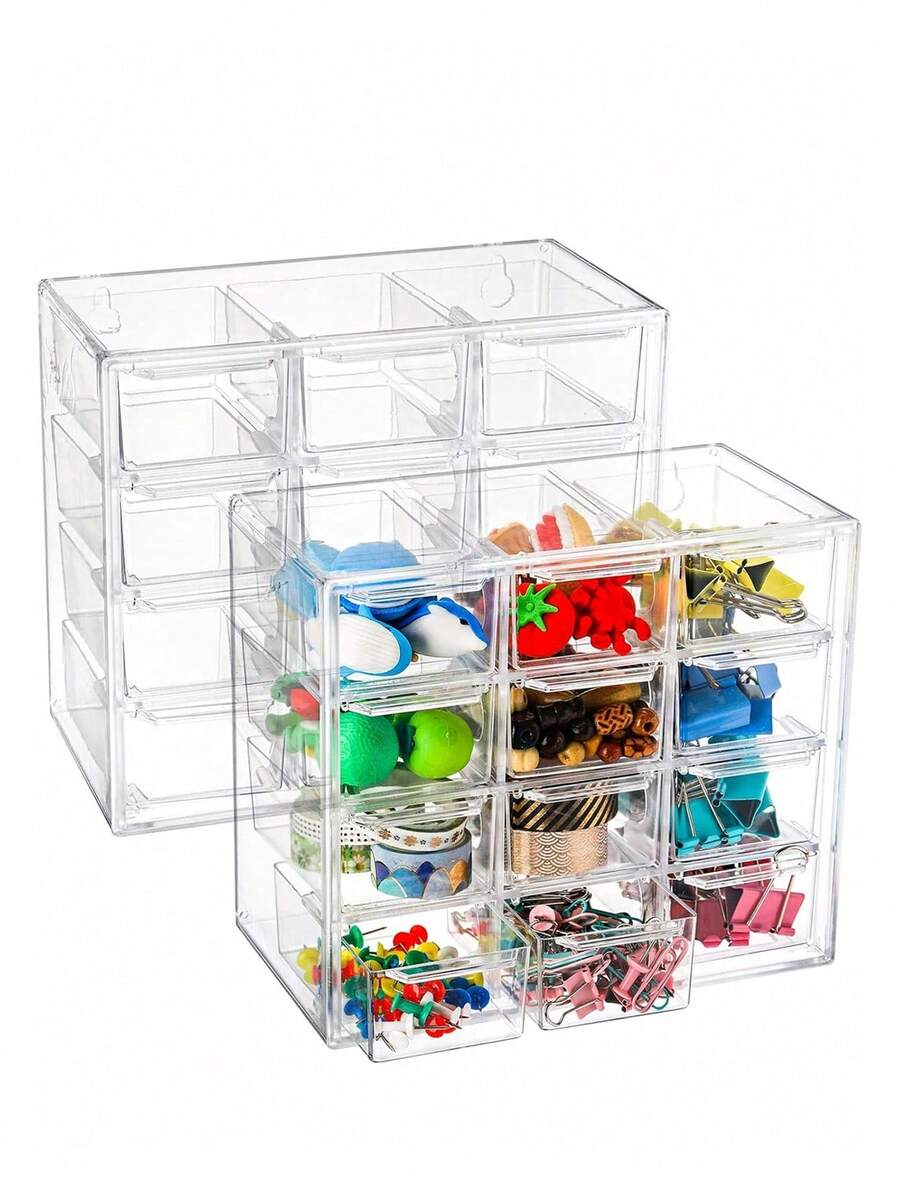 1 pieza/Set Caja de almacenamiento y exhibición de estilo cajón de plástico multifunción, caja de almacenamiento de escritorio para cosméticos y maquillaje, caja de almacenamiento de escritorio transparente, cajón de almacenamiento de escritorio de oficina y estudio de plástico, 4 rejillas/6 rejillas/9 rejillas/12 rejillas (Blanco, Transparente)