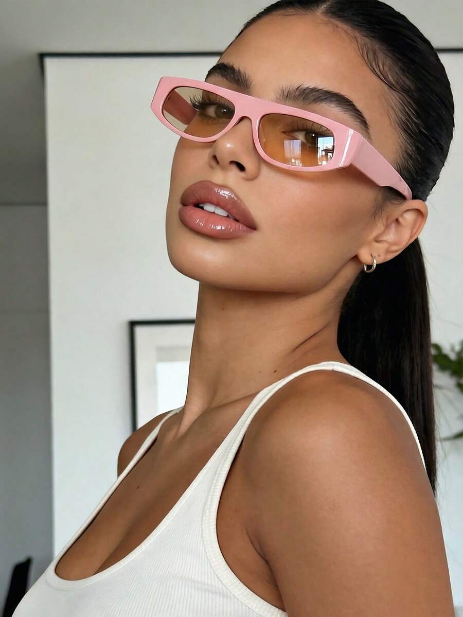 Damen Y2K rosa rechteckige kleine Rahmen Modebrillen, Plastikgläser, Sommerurlaubs-Essentiell Vintage Brillen für Strand, Reisen und täglichen Sommertragen - Pink - Übersicht 1