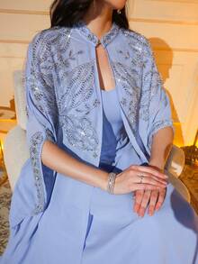 女士重工刺绣花卉图案优雅立领两件套阿拉伯风格连衣裙，适合派对、节日及其他场合，春季款 - 藍色 - 查看 8