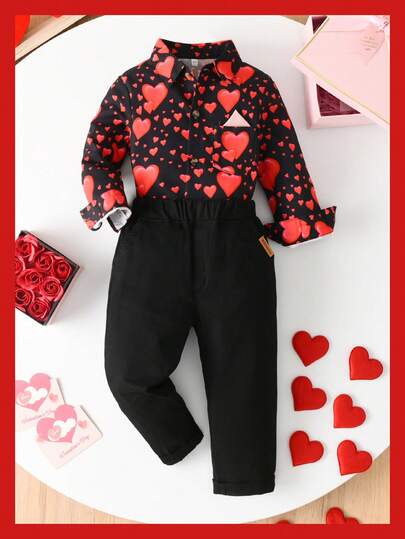 情人节男士套装，男童格子衬衫+纯色长裤，节日套装