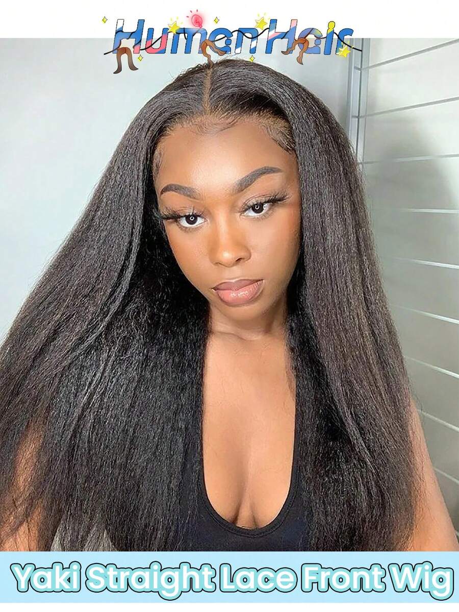 180 Dichte Yaki Gerade Lace Front Perücke, 13x4 Flauschige Gerade Lace Front Perücke, Vorausgerupft mit Baby-Haar, Natürliche Farbe Yaki Gerade 13x4 Transparente Lace Front Perücke Ohne Kleber - Natural Black - Übersicht 1