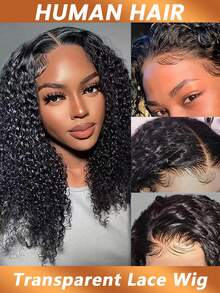 杰瑞卷发蕾丝前假发，深卷曲真人发假发，透明蕾丝前假发，预先拔毛，女士款，200%密度 - Natural Black - 查看 2