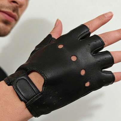 1 Pair Men's Street Dance Half Finger Leather Gloves, Nightclub Pole Dancing Non-Rivet Gloves, Women's Performance Dancing Star Style Dance Gloves, Suitable For Daily Matching