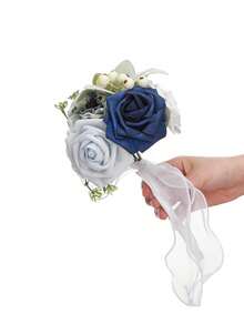 1pc Bride's Multi-Head Lace Bouquet, Contrast Lotus Leaf & Rose Bouquet, Bridesmaid Ribbon Bow Bouquet, Valentine's Day Proposal Petite Bouquet, Outdoor Wedding Bride's Bouquet, Romantic Wedding Photography Prop