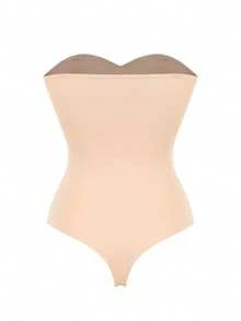 Built-In Bra Seamless Shapewear Thong Bodysuit For Women Tummy Control Strapless Slimming Body Shaper Underwear Under Dresses Abdomen Compression Undershirts Off The Shoulder Spaghetti Strap Removable Shoulder Straps Push Up Padded Bra - 杏色 - 查看 11