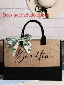 1pc Personalized Beach Tote Bag, Bridesmaid Gift Bag And Letter Scarf, Customized Burlap Bridesmaid Bag, Canvas Jute Gift Tote Bag (For Women),All-Purpose,Large Capacity - Multicolor - View 8